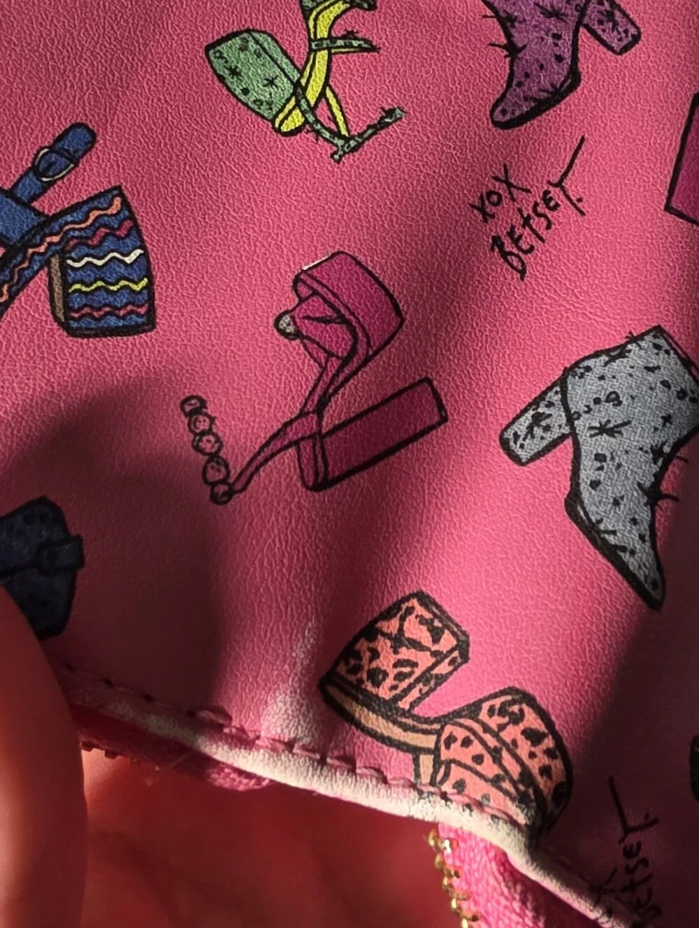 Betsey Johnson Pink Shoe-Pattern Wristlet with Gold Logo